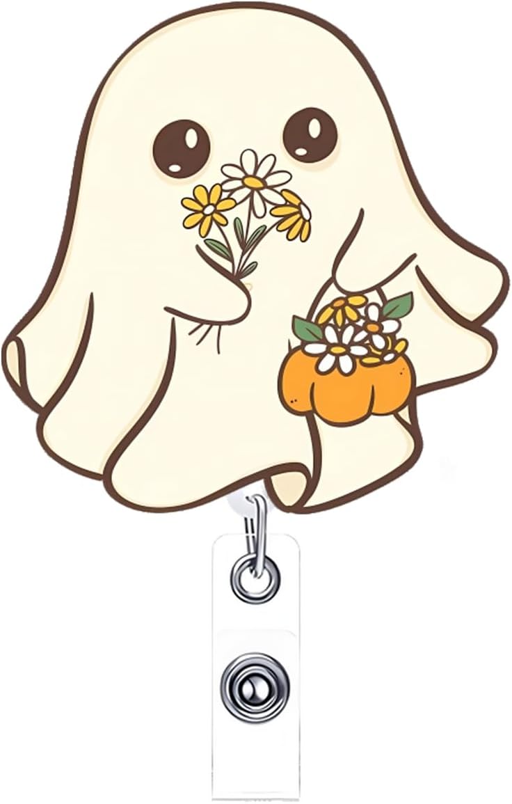 NSSHEL Funny Little Ghost Halloween Badge Reel Cute Badge Clip with Retractable Spooky with Flowers Badge Holder Nurse Doctor ID Name Tag Accessories for Nurse Doctor Teachers Identification Supplies - Image 1